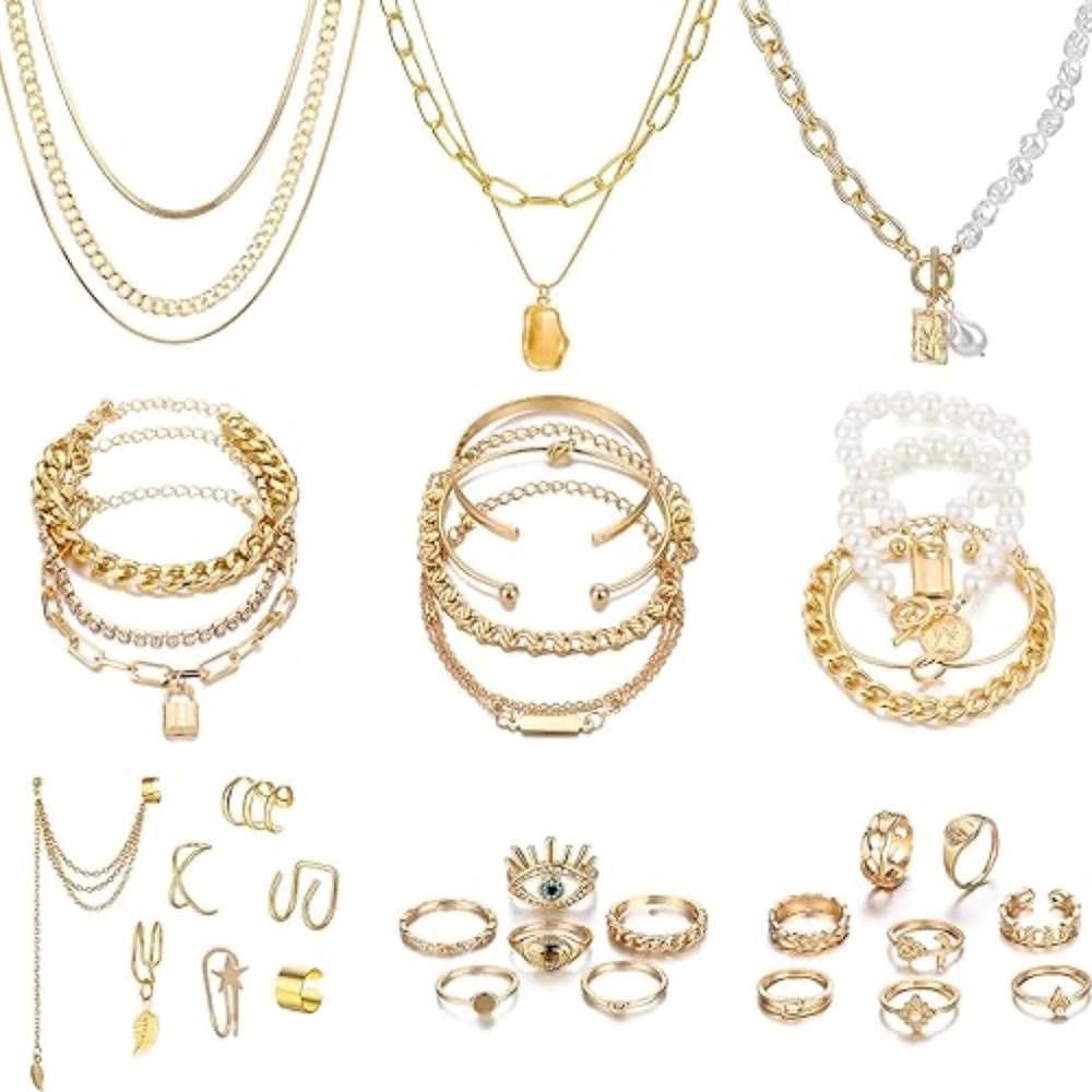 36-Piece Gold Jewelry Set: Necklaces, Bracelets, Earrings, Rings for Women
